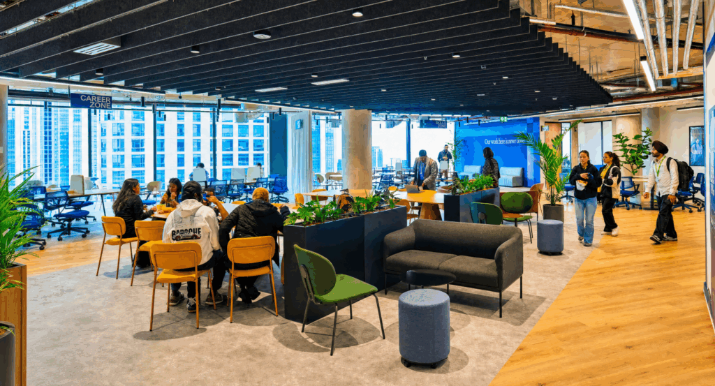University of Hull London students within the new campus building, showcasing a modern, vibrant learning environment for students.